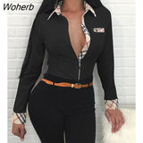 Autumn Women's Solid Shirt 2023 New Femme Plaid Trim Buttoned Up Casual Long Sleeve Blouse Office Ladies Elegant Outfits-Outfit