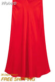 Pleated Stain Midi Skirt Women Fashion High Waist Side Zipper Long Skirts Spring Summer Chic Office Lady Red Outfits-Outfit