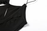 Kliou Unique Style Geometric Maxi Dress Women Elegant Spaghetti Strap Cleavage Backless Hollow Out Robe High Street Lady