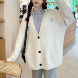 Woherb Wind Sweater Coat Women's Sheep Wool Winter New Wear Letters Embroidered Loose Knit Cardigan Top-Outfit