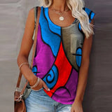 2021 Summer Fashion Colorful Print Shirt Women Shirts Elegant O-Neck Sleeveless Patchwork Tops Female Casual Loose Blusa