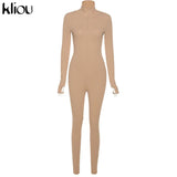 Kliou solid turtleneck full sleeve jumpsuits classic one piece women fitness slim rompers zipper long overall skinny
