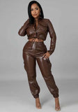 Leather Long Sleeve Crop Top and Pants Two Piece