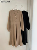 Elegant Women Single-breasted Sweater Dress 2020 Winter Warm Slim Waist Female Knitted Dress A-line Vestidos femme-Outfit