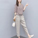 Suit Women 2025 Summer New Women's Version Of The Striped Top Nine Trousers Linen Two Sets Of