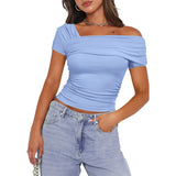 Solid color strapless wrap regular casual short sleeve backless shrunken Tee multicolor high quality pullover t-shirt-Outfit