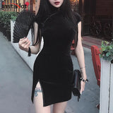 Chinese Style Velvet Cheongsam Dress Women Bodycon Vintage Retro Short Sleeve Split Mini Traditional Lady Elegant