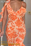 Floral Printed Ruffles A-line Skims Dress For Women Sexy V-neck Spaghetti Strap Robe 2023 Summer Casual Beach Sundress-Outfit
