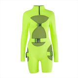 hirigin Women Bodycon Buckle Cut Out Biker Rompers Sexy Long Sleeves Hollow Out Clubwear Bodysuit One Piece Short Jumpsuit