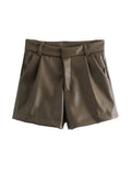 ZRN-Women's Faux Leather Shorts with Side Pockets, High Waist, Zipper Fly, Female Short Pants, Chic Fashion-Outfit