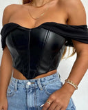 Sexy Off Shoulder PU Leather Crop