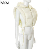 Kliou Side Hollow Out Women Cotton Jacket Unique Irregular Shape Bandage High Street Top Autumn Sleeveless Zipper Hooded