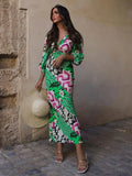 Printed Women's Backless Midi Dress Sexy Hollow Out V-neck Lantern Sleeved Slim Robe 2023 Summer Lady Chic Vestidos-Outfit