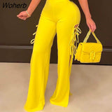 Women Lace Up Detail Slim Flare Pants Casual Trousers-Outfit
