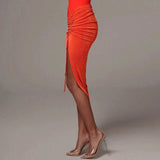 Drawstring Ruched Sexy High Waist Skirts Skinny Streetwear Split Midi Skirt Women Bodycon Summer