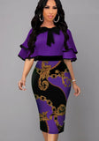 Printed Vintage Bow Short Sleeves Cascading Ruffle Pencil Midi