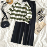 Women Sets Chic Striped Summer Leisure Femme Outfits Korean Trendy Soft Crop Top Basic Black High Waist Wide-leg Womens Trouser-Outfit