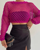 Spring And Summer New Knitted Shirt Horn Sleeve Loose Round Collar Hollow Sweater