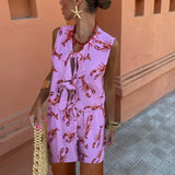 Women Lobster Printed Shorts Set Short Sleeveless Lace Up Shirt and Shorts Two Pieces Sets Summer Chic Lady Street Suit-Outfit