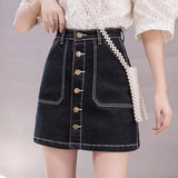 Plus Size Women Denim Skirt Korean Fashion Button Ladies Jeans Mini Skirt Casual High Waist A Line Pocket Black Blue