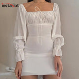 elegant ruched bodycon dress for women flare sleeve autumn casual beach mini dress vintage full sleeve bandage