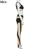 Kliou Mesh Patchwork Two Piece Set Women Skinny Hole Sleeveless Vest+Mid Waist See Through Leggings High Street Attirewear