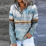 Autumn Winter New Fahsion Casual Drawstring Button Tops Pullover Hoodies Women Vintage Landscape Printed Hooded Sweatshirts