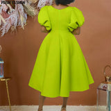 A-line Midi Dress African Dresses for Women 2023 Daily Elegant High Waist Puff Sleeve V-neck Robe Femme African Clothes-Outfit