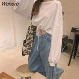 Women Long Sleeve T-shirts Fashion Solid Crop Top Soft Daily Loose Slouchy Drawstring Hem Womens O-Neck Trendy Basic Femme Tees-Outfit