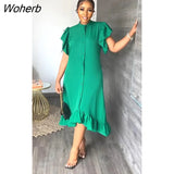 Casual Ruffled Shirt Dress Women Fashion Loose Solid Button Shirt Ruffled Dress Women-Outfit
