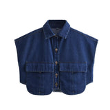 Women's Solid Color Big Pocket Sleeveless High Sense Cardigan Polo Collared Shirt Denim Top