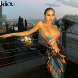 Kliou Aesthetic Print Camis Maxi Dress Women Loose Sleeveless V-Neck Cleavage Backless Casual Silky Sexy Party Midnight