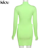 Kliou Knitted Stitching Mini Dress Women Hipster Skinny Three-Dimensional Decoration Bodycon Long Sleeve Turtleneck