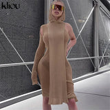 Kliou Knitted Dress Women Sexy See Through X-Long Hoody Tops+One Shoulder Drawstring Ruched Robe Skirt Hipster Future
