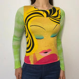 Graphic Print Green Mesh Sheer T-shirt Long Flare Sleeve Slim Crop Tops Sexy See Trough Women Tops Y2K Vintage