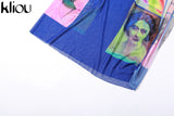 Kliou Mesh Aesthetic Print Skirts Women Stunning Sexy Irregular Shape Unique Style Side Lace Clothing Clubwear Female