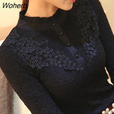 Women Lace Embroidery Blouse Feminine Black Lace Primer Long Sleeves Shirt 3XL Tops Blouse-Outfit