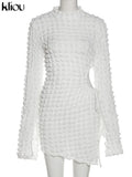 Kliou Stacked Hollow Out Mini Dress Women Fashion Stunning Long Sleeve Drawstring Undefined Skinny Skirt Attirewear Female