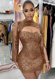 Sexy O-Neck Slit Long Sleeve Hollow Out Sequined Mini Club