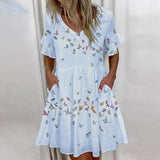 Ruffles Loose V-Neck Dress Women Summer Short Sleeve Floral Print Woman Dress Plus Size 2021 Fashion White Beach