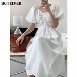 Spring Summer V-neck Drawstring Women Mid-Length Dress Puff Sleeve Slim Waist Casual Female A-line Dress 2022-Outfit