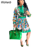 Piece Set Women Fashion Printed Shirt Pleated Skirt Suit Ladies Casual Two Piece Suit-Outfit