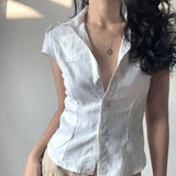 Woherb Style Simple Solid Color Pocket Short-Sleeved Shirt Female Polo Collar Single Breasted Waist Show Thin Top-Outfit