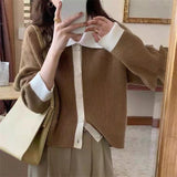 Woherb Fashion Women's Top 2024 Polo Collar Color Long Sleeve Loose Knit Cardigan Coat Tide-Outfit