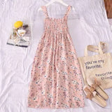 Women Sweet Girls Retros Floral Basic Sundress Summer Spaghetti Strap Mid-calf Stretchy A-line Causal Holiday