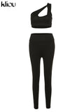 Kliou Sporty Solid Two Piece Set Women Skinny Inclined Shoulder Hole Cleavage Tank Tops+ Concise Stretchy Pants Workout