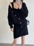 Woherb New Loose Solid Color Sweater Cardigan Package Buttock Vest Skirt Suit In The Long Sweater Two Sets Of Women-Outfit