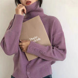 Woherb Lazy Wind Design Sense Buckle Pile Collar Loose Head Sweater Female Autumn Dong New Add Thick Warm Head Sweater-Outfit