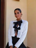 Women's Clothing 2025 Winter New Fashion Round-Necked Squint Bow Trim Short Coat