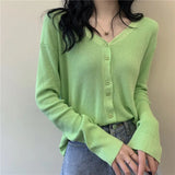 Woherb Thin V-Neck Long-Sleeved Sweater Coat Female Autumn 2024 New Korean Version Of Net Celebrity Large Size Bottom Shirt Tide-Outfit